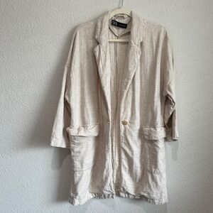Zara Womens XS Linen Blend Oversized Longline Blazer‎ Beige Oatmeal Coastal
